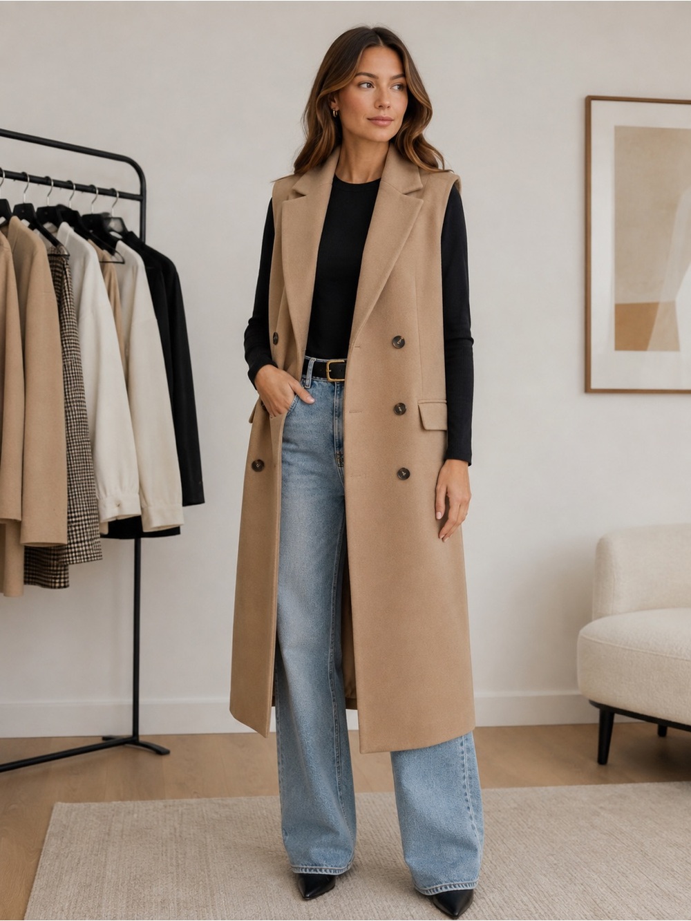 Missguided Sleeveless Long Double-Breasted Coatigan in Camel